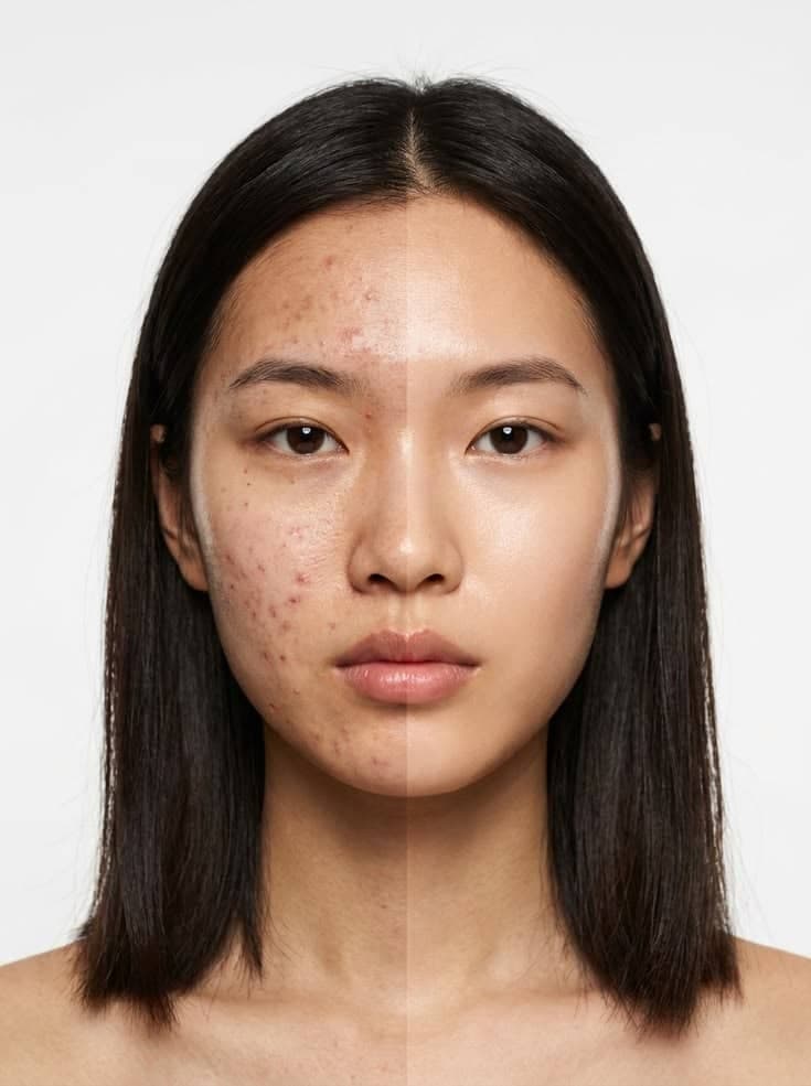 Split-face photo: active breakouts on one side, clear calm skin on the other