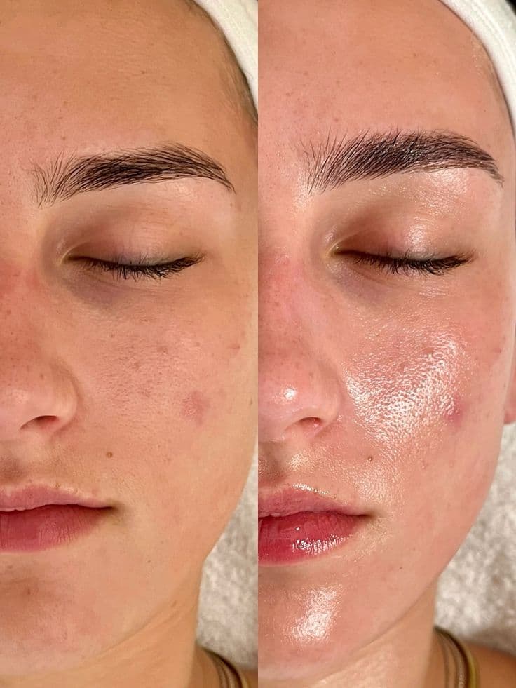 Split face comparison, skin looking calmer and more hydrated on the after side